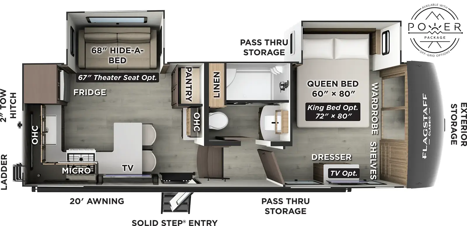The Flagstaff Classic Fifth Wheels F281RK floorplan has one entry and two slide outs. Exterior features include: fiberglass exterior and 20' awning. Interiors features include: rear kitchen and front bedroom.
